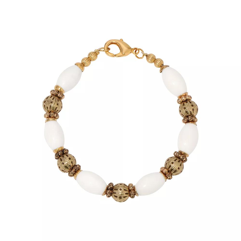 1928 Gold Tone Filigree White Bead Bracelet, Womens Product Image