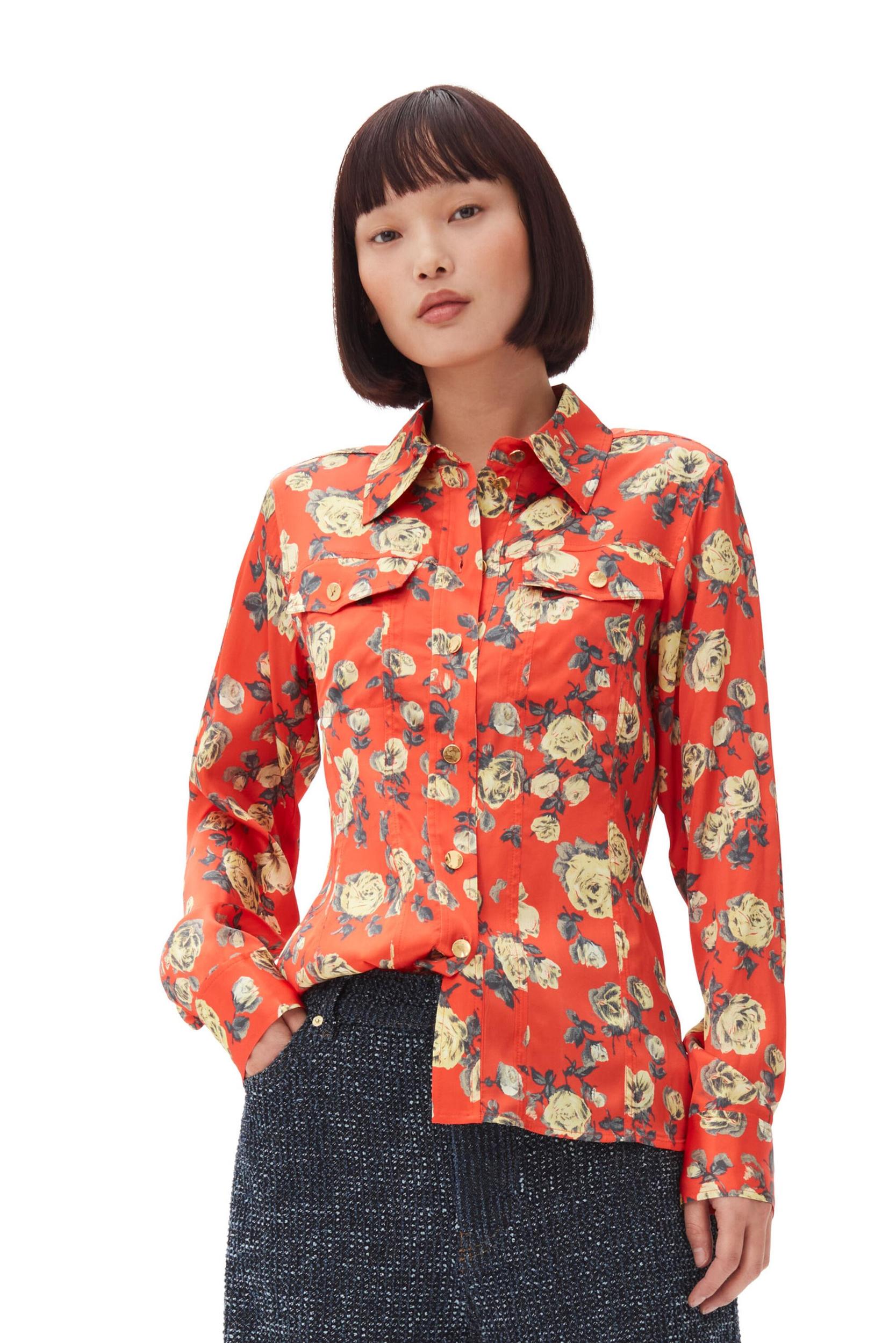 Orange Floral Printed Satin Shirt Product Image