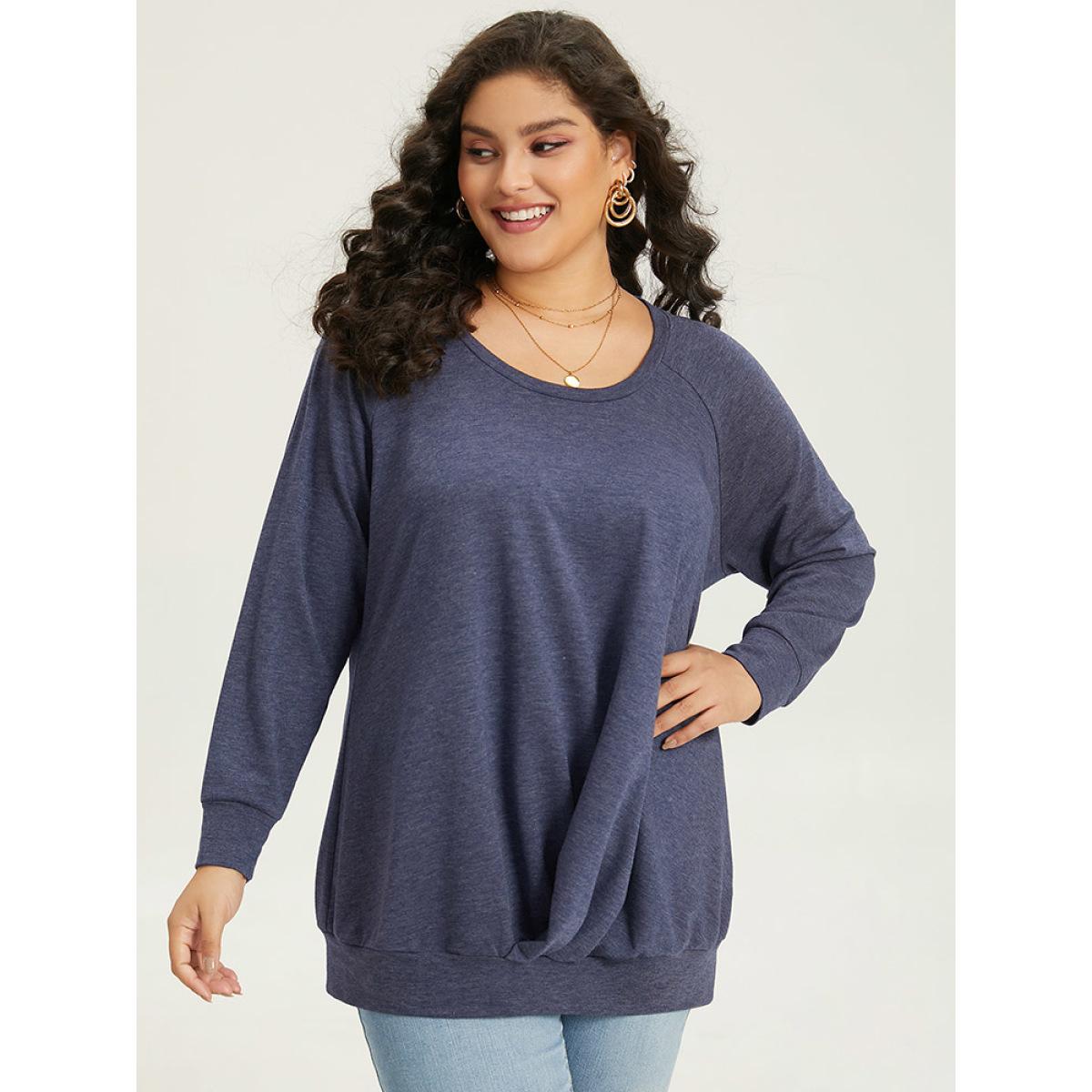 Plus Size Solid Plicated Detail Raglan Sleeve Sweatshirt Women DarkBlue Elegant Elastic cuffs Round Neck Dailywear Sweatshirts BloomChic 18-20/2X Product Image