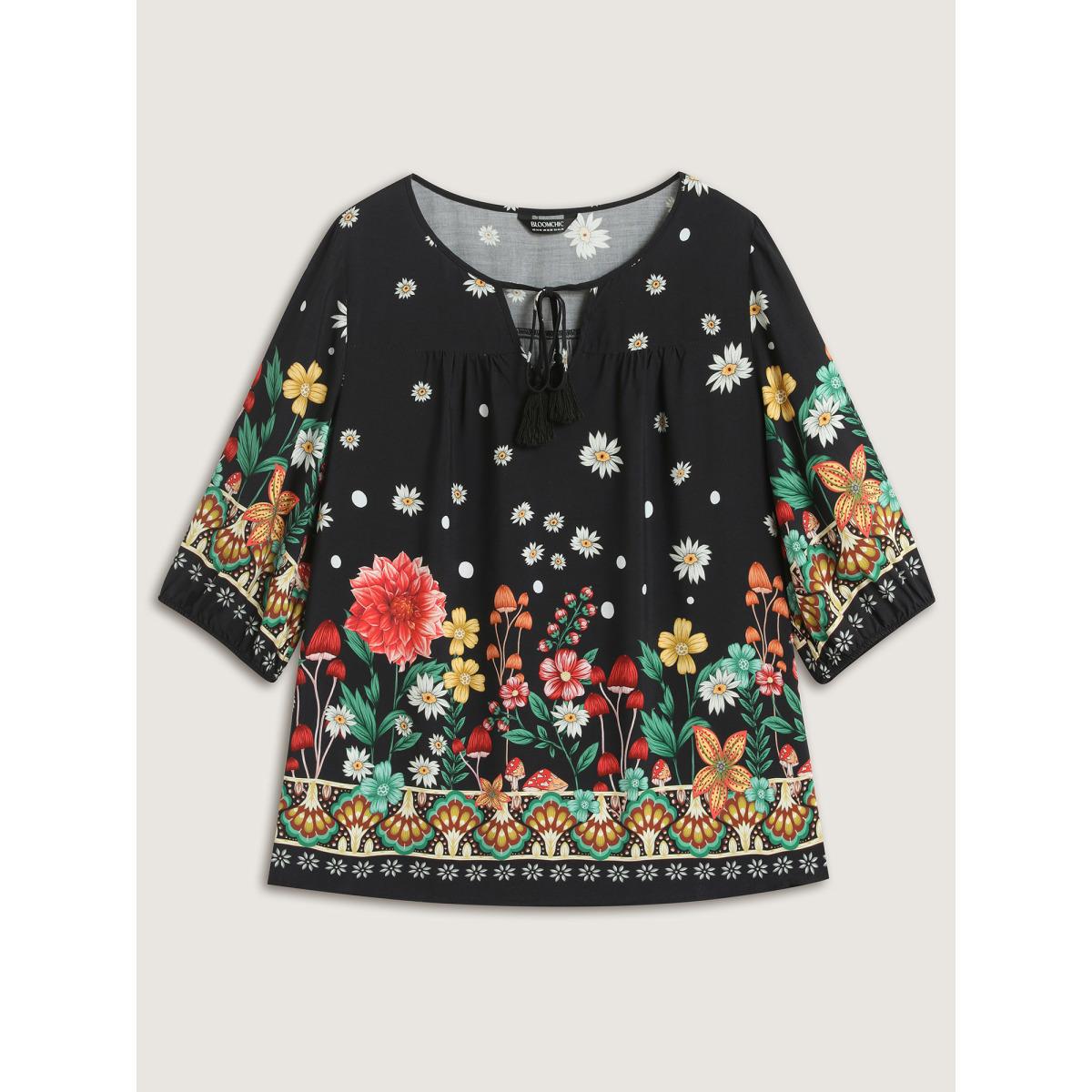 Plus Size Black Colorful Floral Pleated Tassel Blouse Women Elbow-length sleeve Flat collar with V-notch Everyday-Elegant Blouses BloomChic 28/5X Product Image