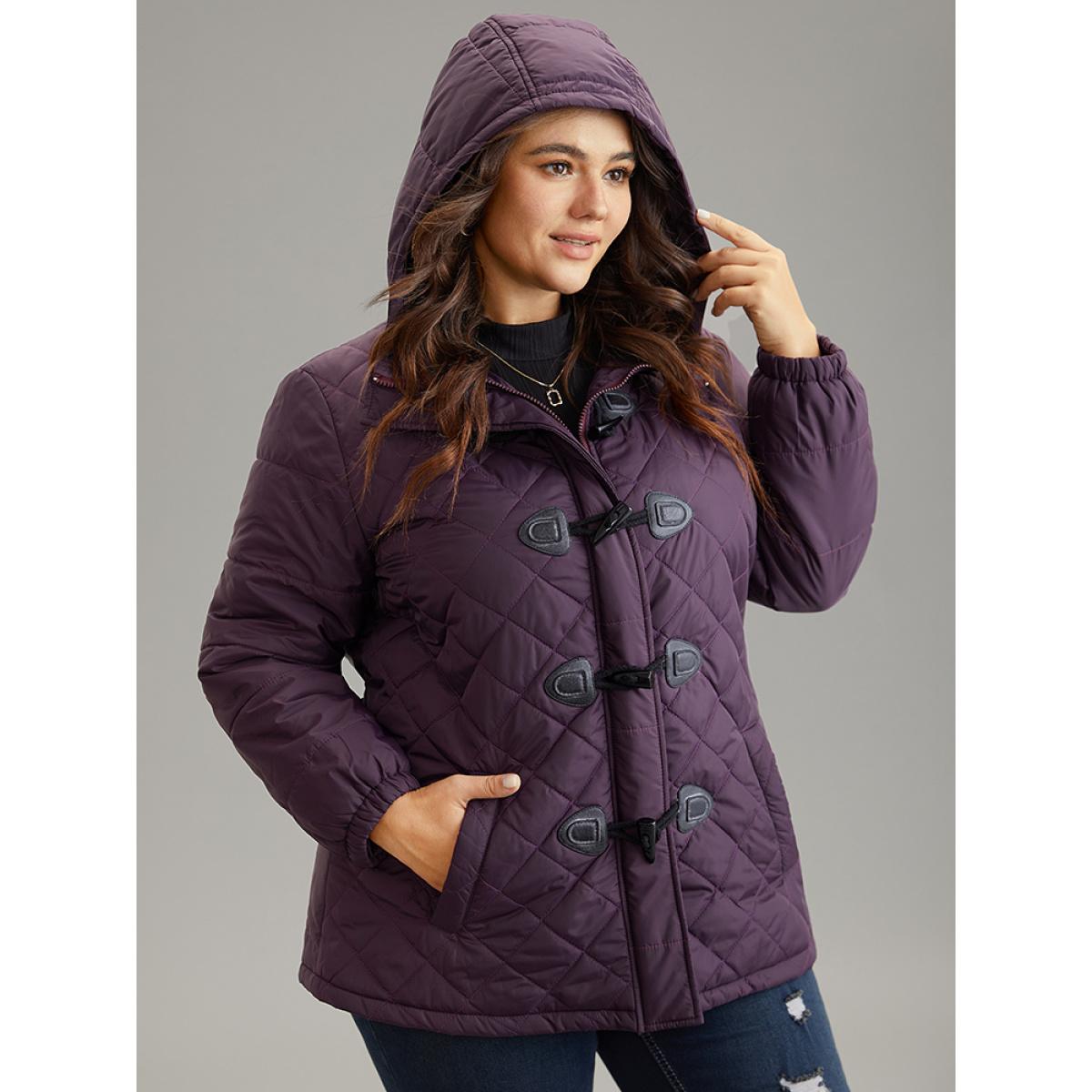 Plus Size Quilted Duffle Button Hooded Pocket Cotton Jacket Women Eggplant Casual Quilting Ladies Dailywear Winter Coats BloomChic 22-24/3X Product Image