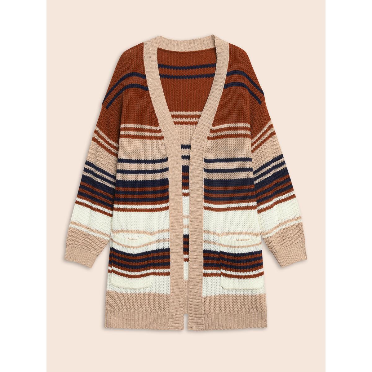Plus Size Contrast Striped Pocket Drop Shoulder Cardigan Browncoffeecolor Women Casual Loose Long Sleeve Everyday Cardigans BloomChic 22-24/3X Product Image