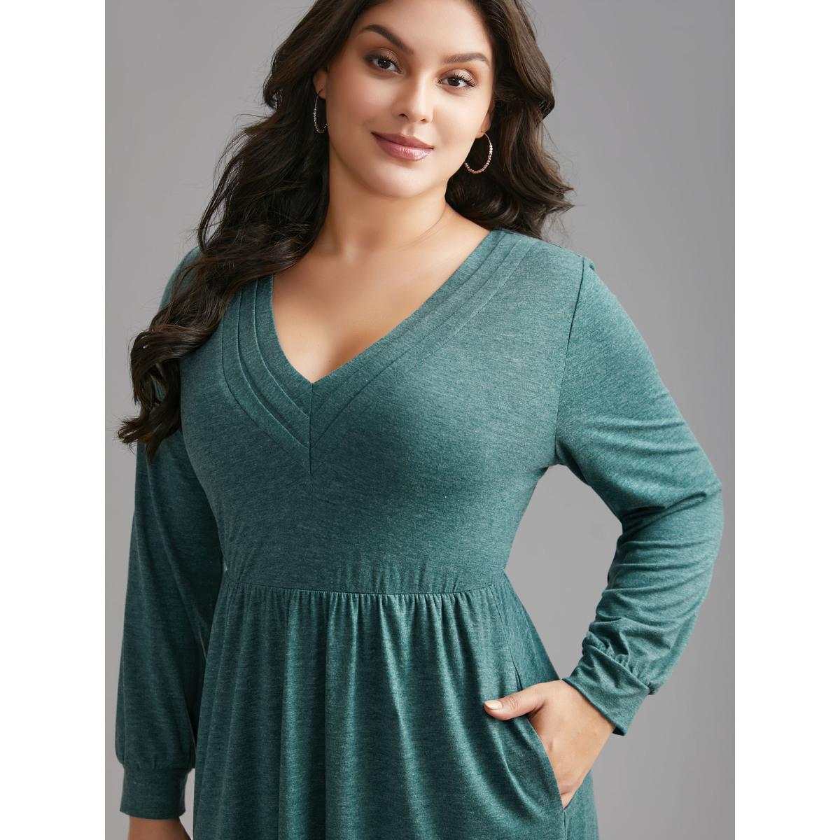 Plus Size Solid V Neck Pleated Knit Dress Teal Women Casual Pleated Knit Dresses Bloomchic 26/4X Product Image