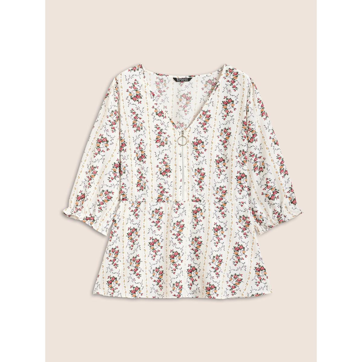 Plus Size Originalwhite Boho Print O Ring Zipper Lantern Sleeve Blouse Women Elegant Elbow-length sleeve V-neck Everyday Blouses BloomChic 14-16/1X Product Image