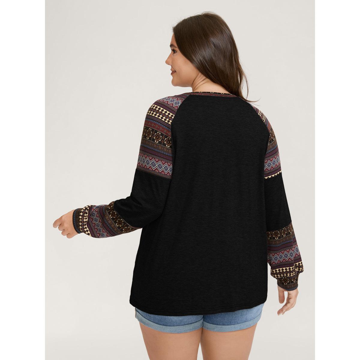 Plus Size Supersoft Boho Stripes Spliced T-Shirt Black Women Leisure Contrast Round Neck Casual T-shirts BloomChic 30/6X Product Image