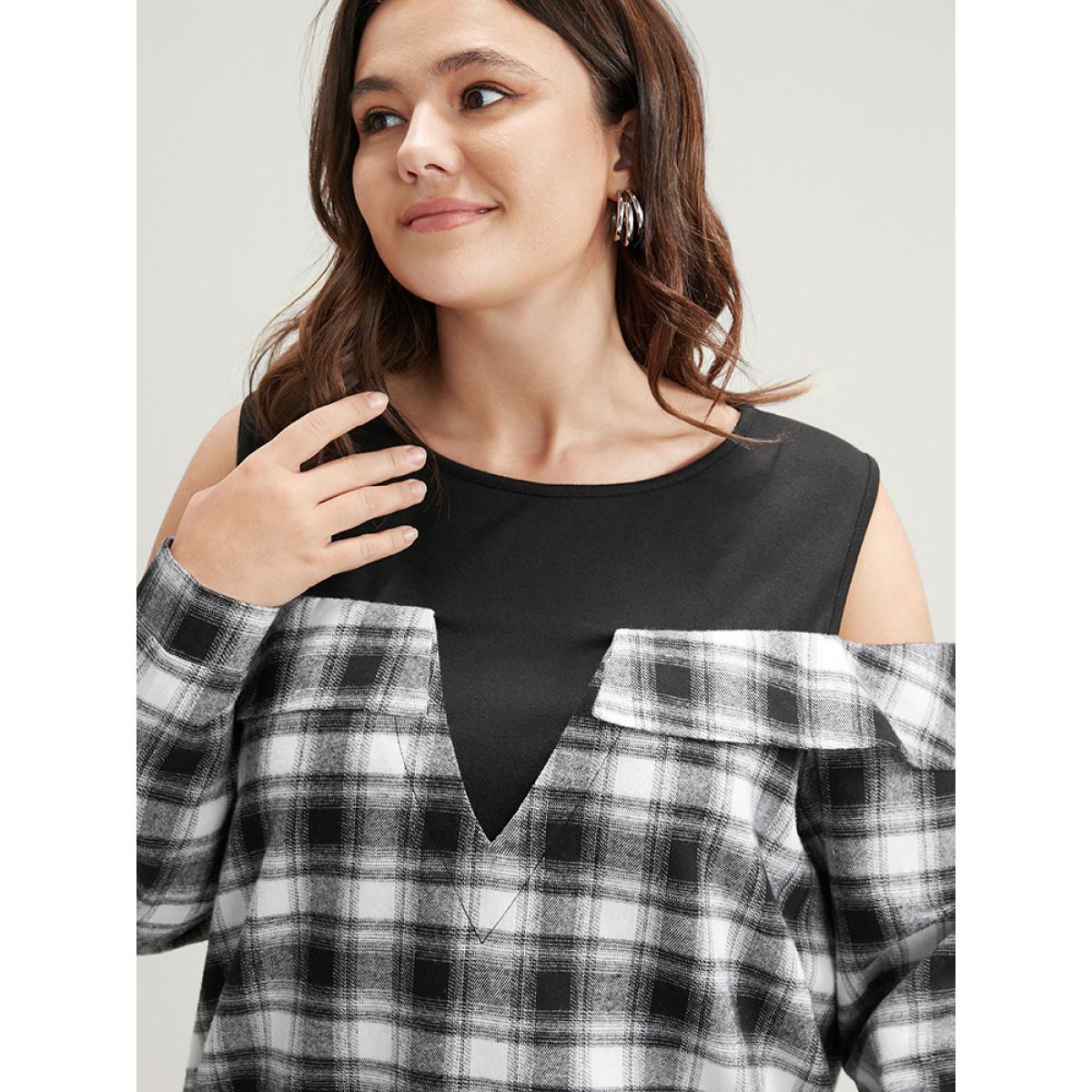 Plus Size Plaid Patchwork Cold Shoulder Sweatshirt Women Black Elegant Patchwork Cold Shoulder Dailywear Sweatshirts BloomChic 18-20/2X Product Image