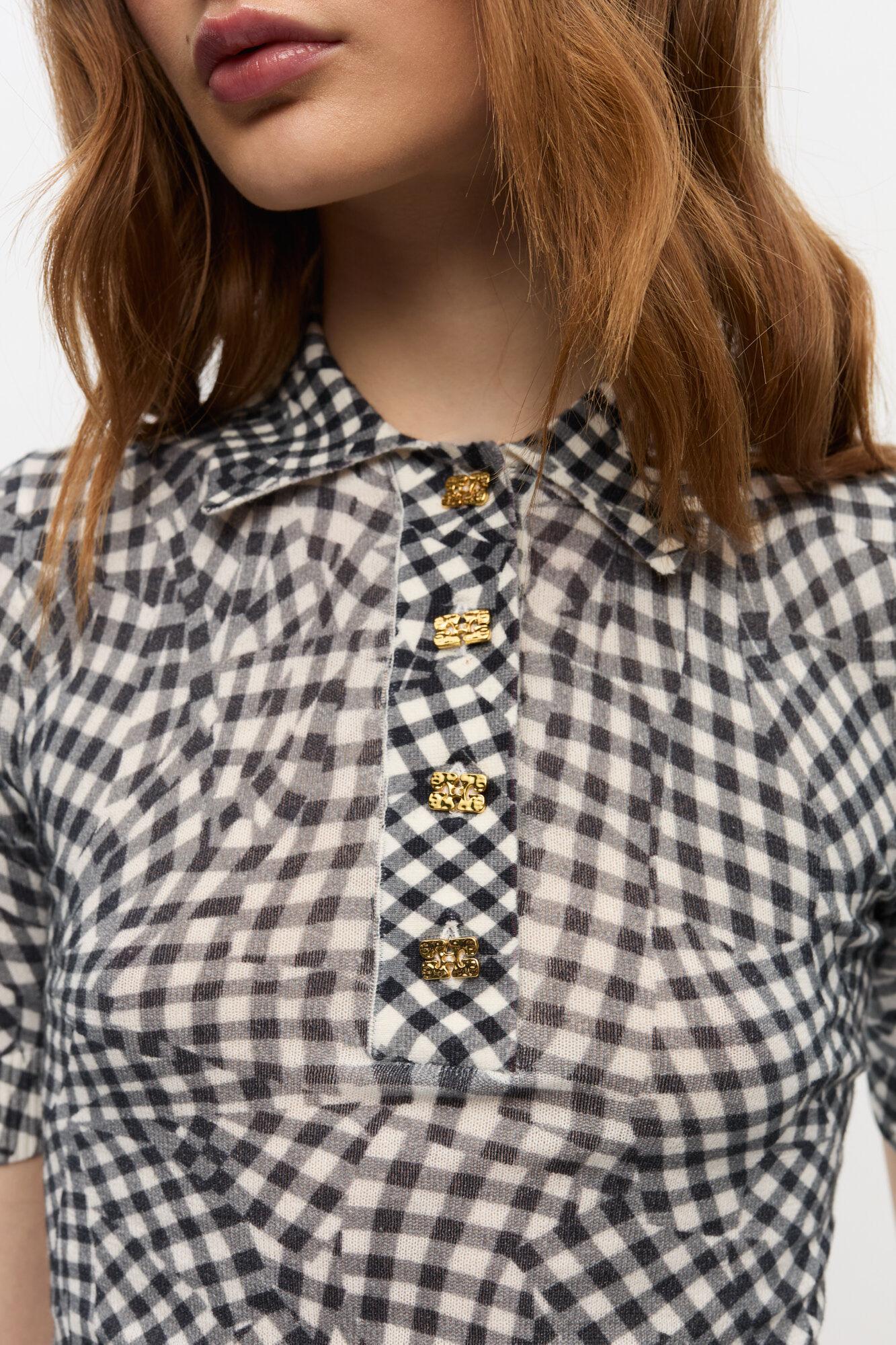 Black Sheer Cotton Printed Polo Shirt Product Image