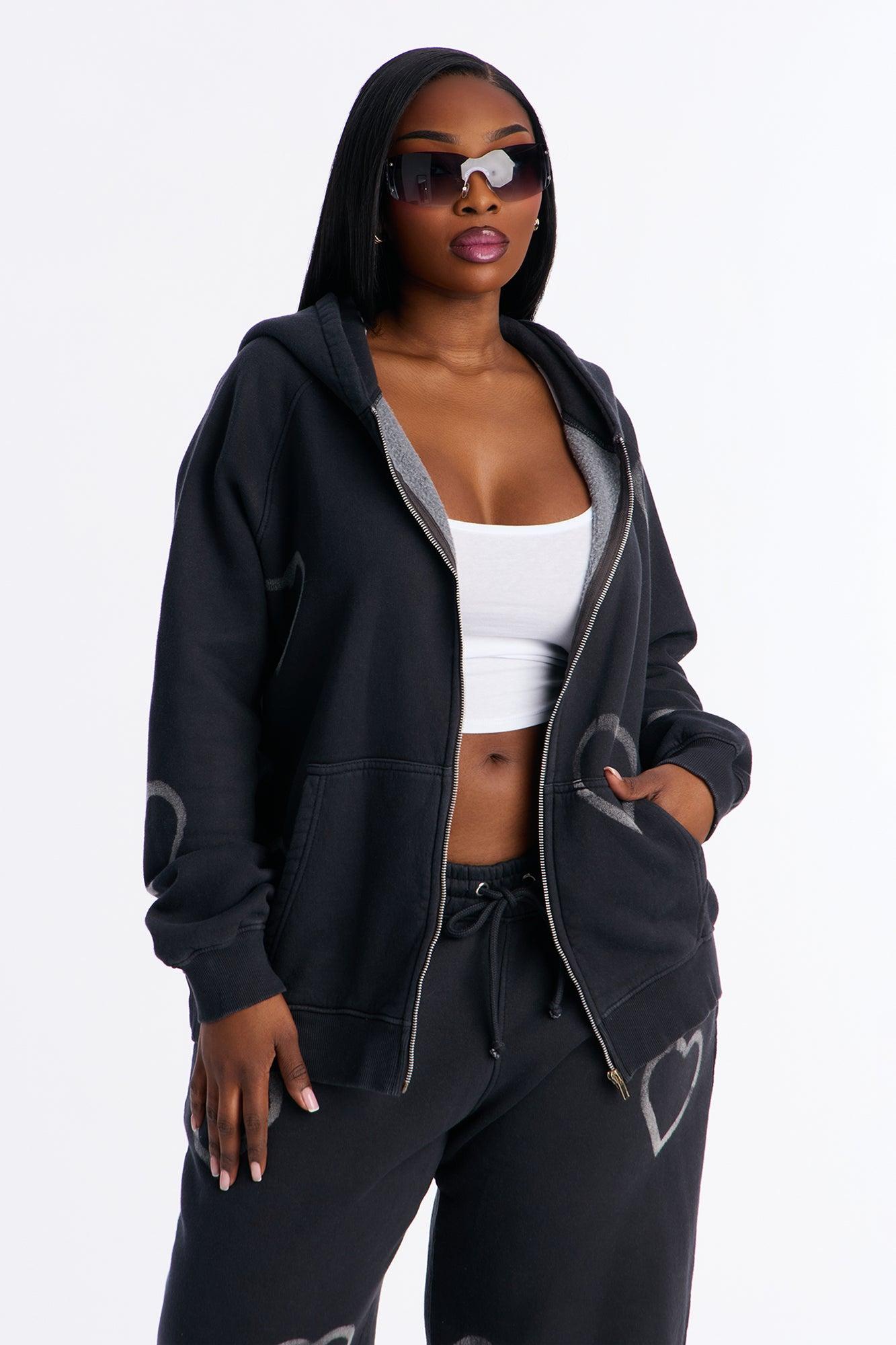 Heart On My Sleeve Fleece Pant Set - Charcoal Female Product Image