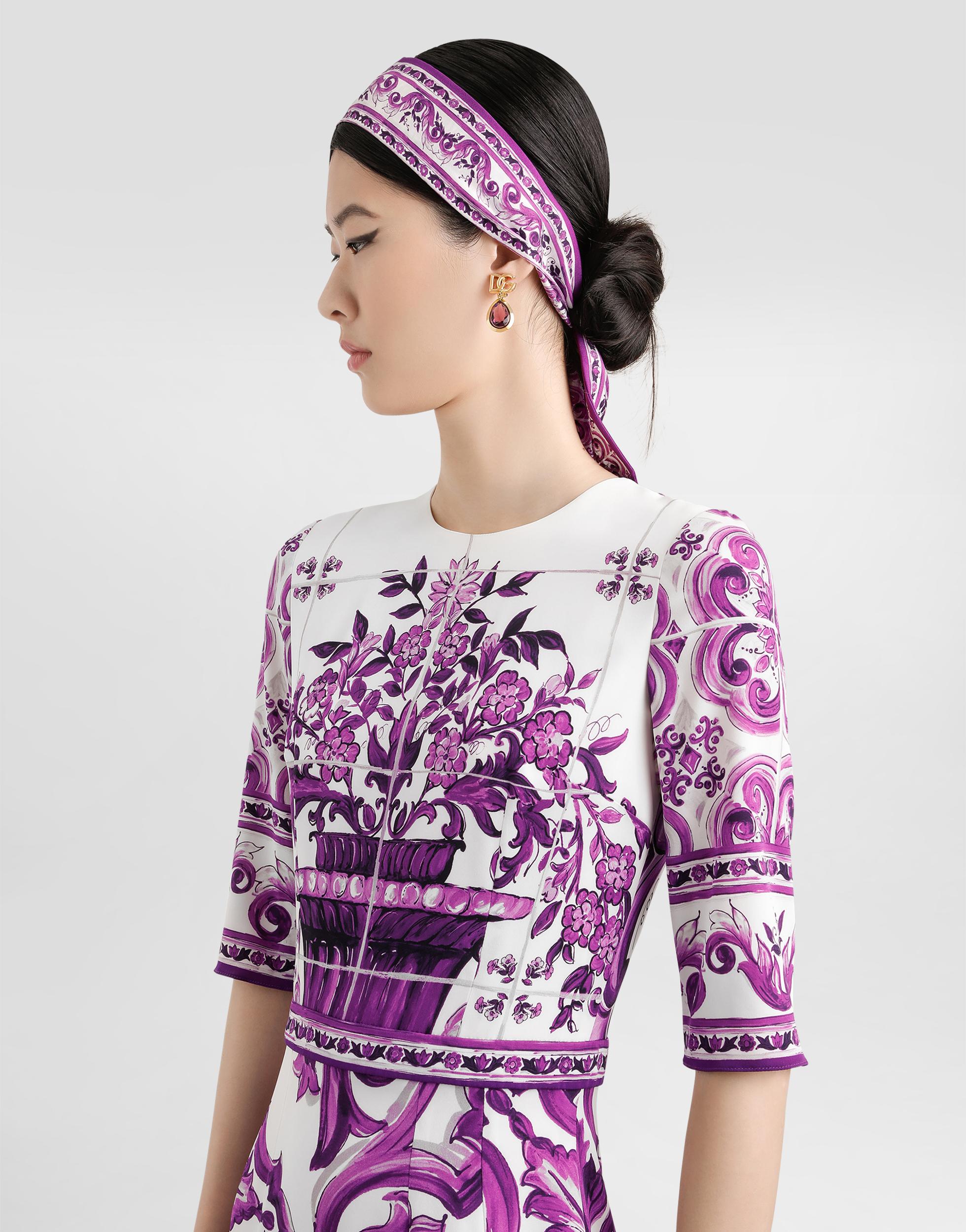 DOLCE & GABBANA Violet Crewneck Dress With Rear Zip Closure And All-over Floral Print In Silk Stretch Woman In Purple Product Image