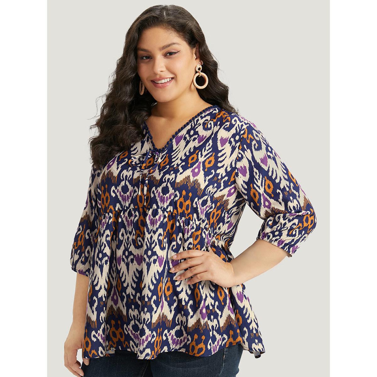 Plus Size Blue Bandana Print Ties Pompom Trim Blouse Women Vacation Elbow-length sleeve V-neck Dailywear Blouses BloomChic 14-16/1X Product Image