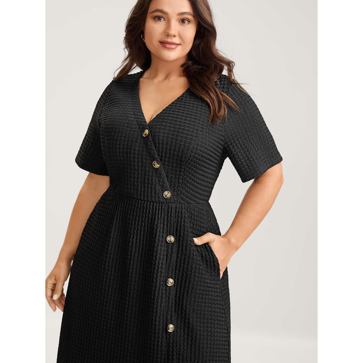 Plus Size Textured Wrap Button Placket Midi Dress Black Women V-neck Short sleeve Curvy BloomChic 28/5X Product Image