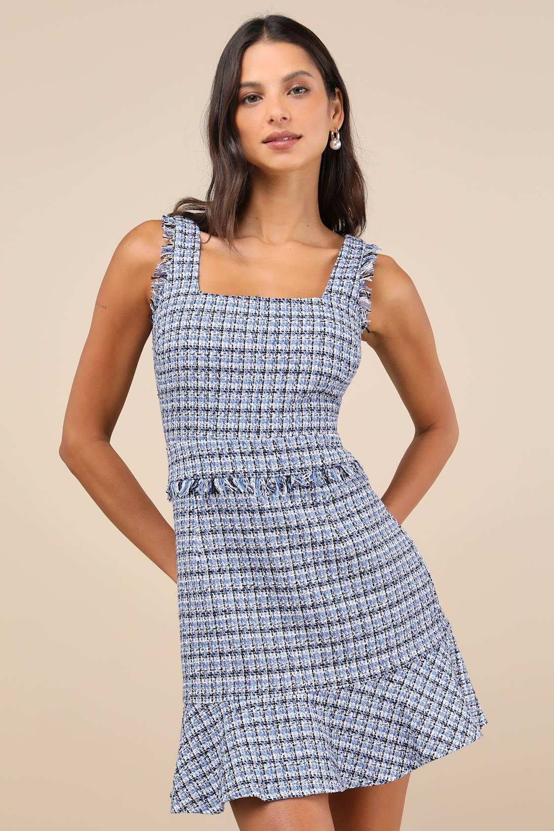 Adorably Luxurious Blue Tweed Raw Edge Sleeveless Mini Dress Product Image