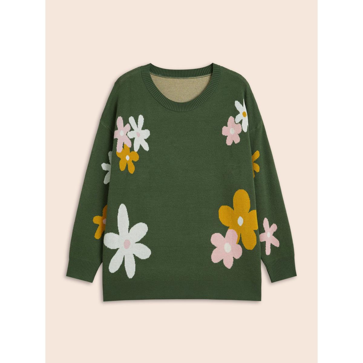 Plus Size Supersoft Essentials Floral Crew Neck Pullover Greenbean Women Playful Long Sleeve Round Neck Casual Pullovers BloomChic 14-16/1X Product Image