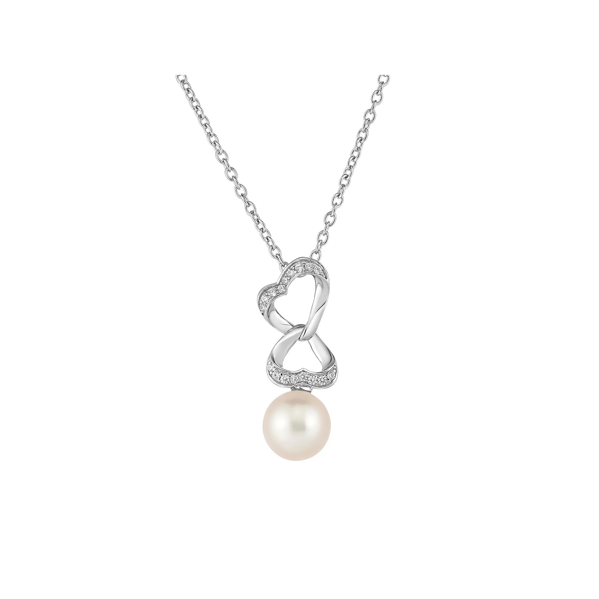 Sterling Silver Freshwater Cultured Pearl & Cubic Zirconia Heart Pendant Necklace, Womens Product Image