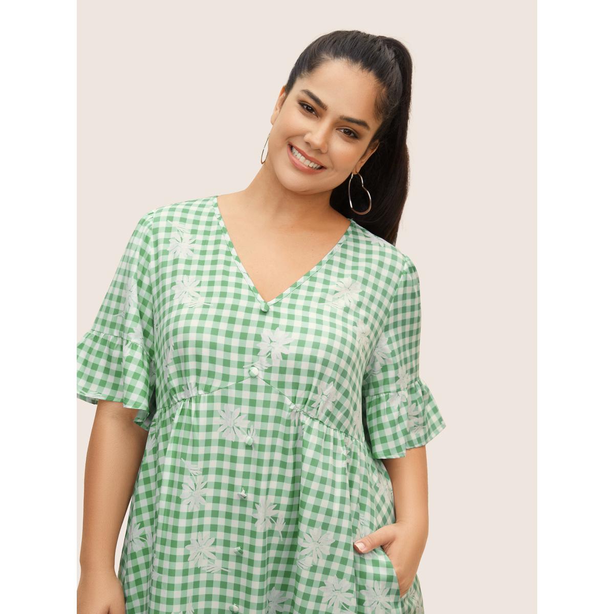 Plus Size Gingham Floral Ruffles Button Detail Dress Sage Women Casual Button V-neck Half Sleeve Curvy BloomChic 12/L Product Image