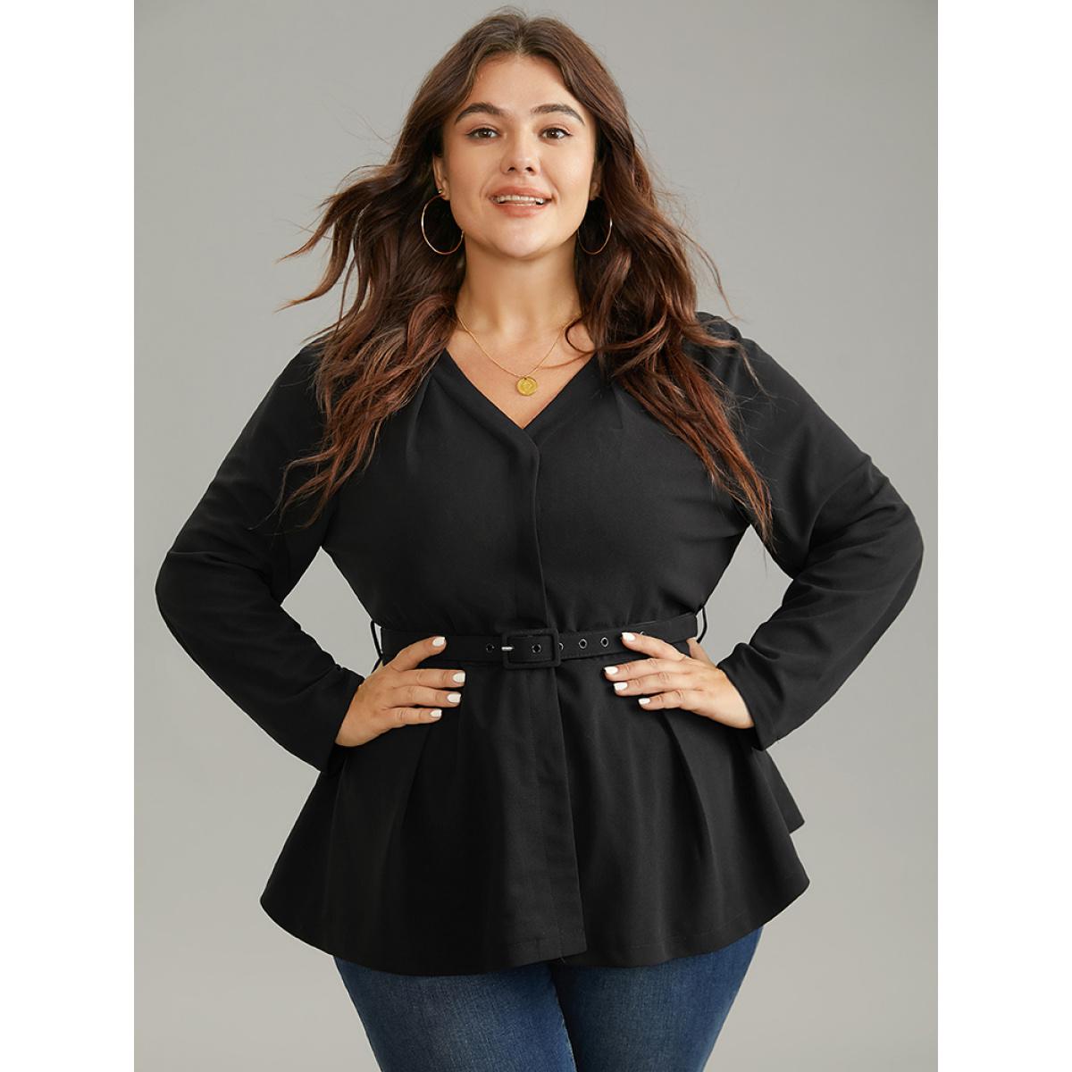 Plus Size Solid Pleated Button Up Belted Blazer Black Women Work Plain Plain Sleeve Long Sleeve Open Front 14-16/1X Belt Work From Home Blazers BloomChic Product Image