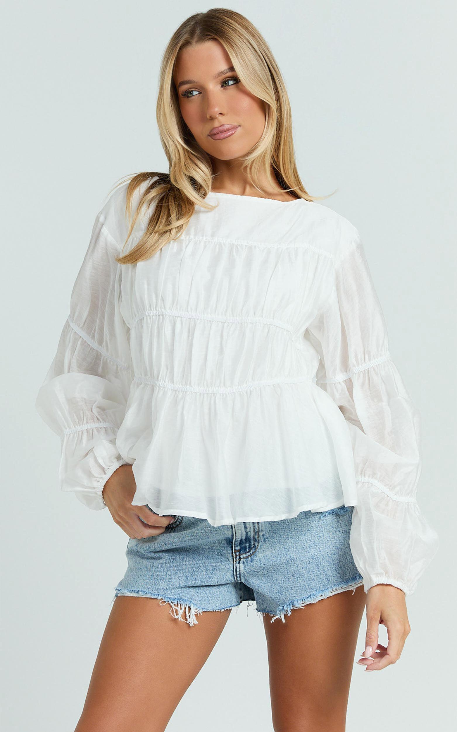 Malou Top - Shirred Long Sleeve Top in White Product Image