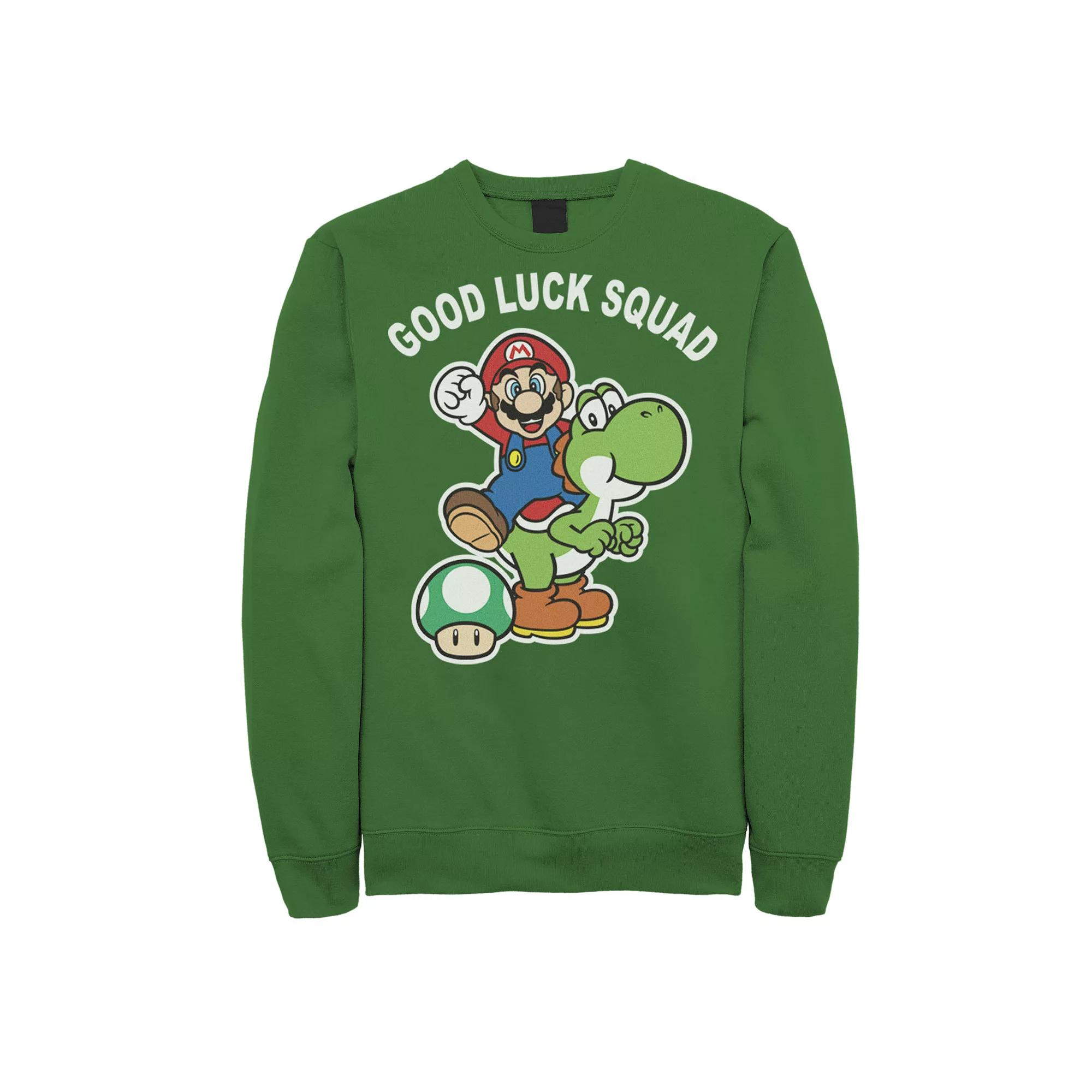 Men's Nintendo Super Mario Good Luck Squad Group Shot Portrait Sweatshirt, Size: XL, Kelly Product Image
