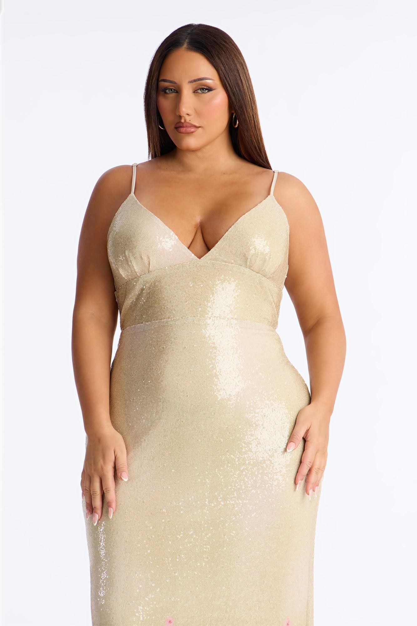 Delia Floral Sequin Gown - Nude/combo Female Product Image