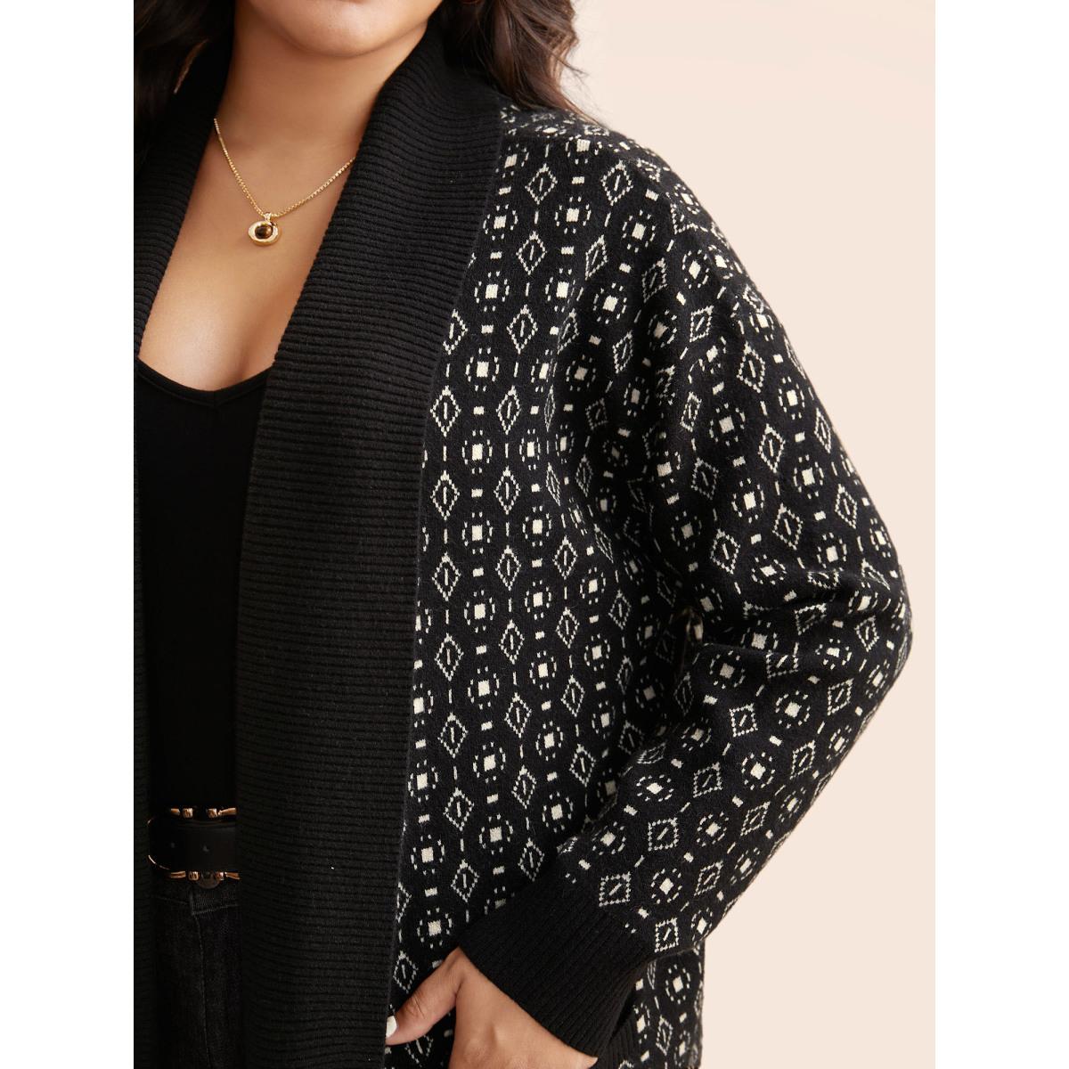 Plus Size Supersoft Essentials Geometric Jacquard Drop Shoulder Cardigan Black Women Casual Loose Long Sleeve Everyday Cardigans BloomChic 12/L Product Image