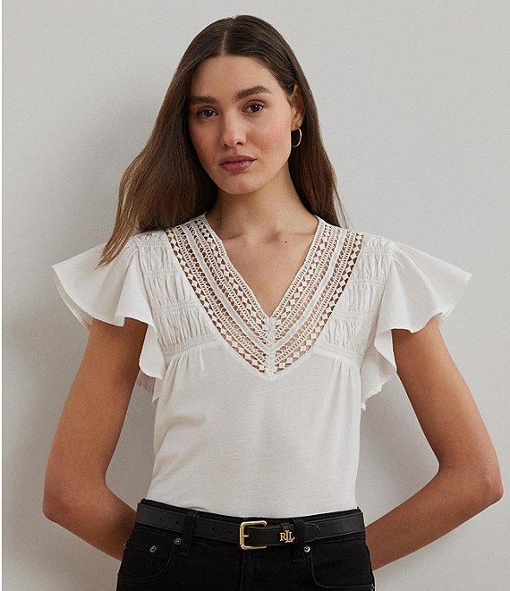 Lauren Ralph Lauren Jersey Knit V-Neck Cap Sleeve Shirt Product Image
