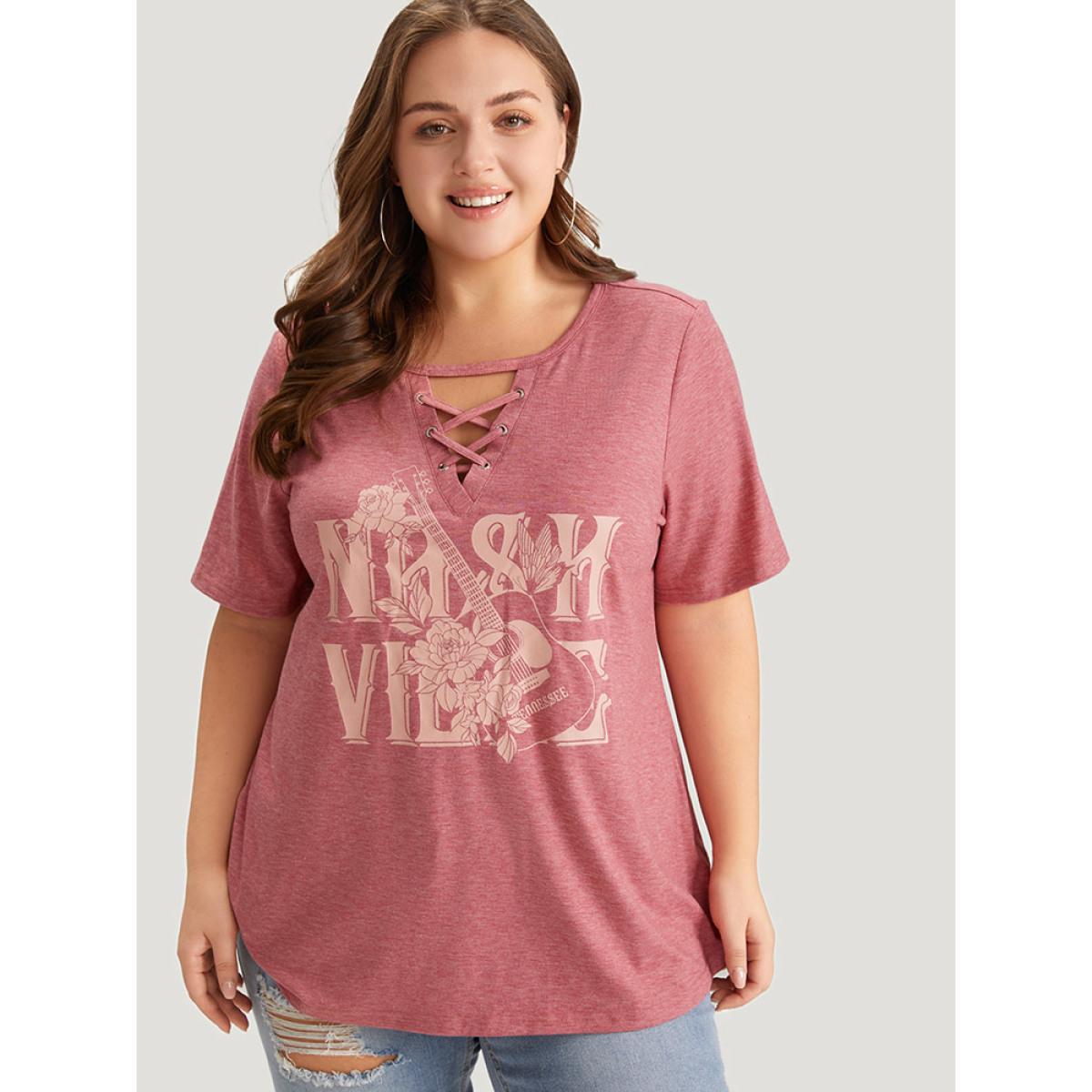 Plus Size Guitar & Letter Print Heather Crisscross Neck Graphic T-shirt Russet Women Casual Art&design Dailywear T-shirts BloomChic 12/L Product Image