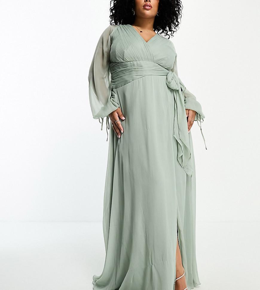 ASOS DESIGN Curve bridesmaid long sleeve ruched maxi dress with wrap skirt Product Image