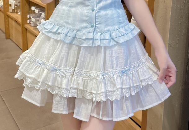 Puff-Sleeve Striped Bow Ruffle Blouse / High Waist Lace Trim Mini A-Line Skirt Product Image