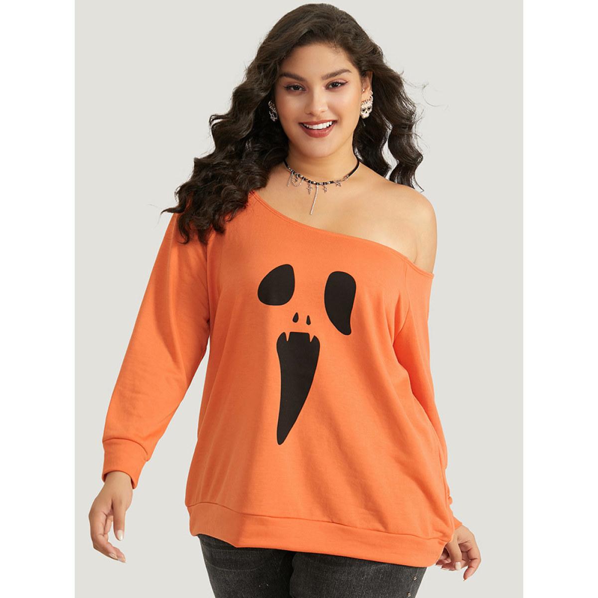 Plus Size Halloween Print One Shoulder Raglan Sleeve Sweatshirt Women OrangeRed Casual Printed Festival-Halloween Sweatshirts BloomChic 14-16/1X Product Image