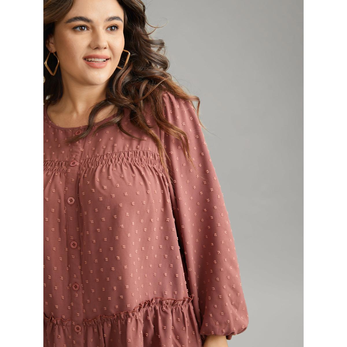 Plus Size Rust Textured Lantern Sleeve Gathered Frill Trim Blouse Women Casual Long Sleeve Round Neck Vacation Blouses BloomChic 28/5X Product Image