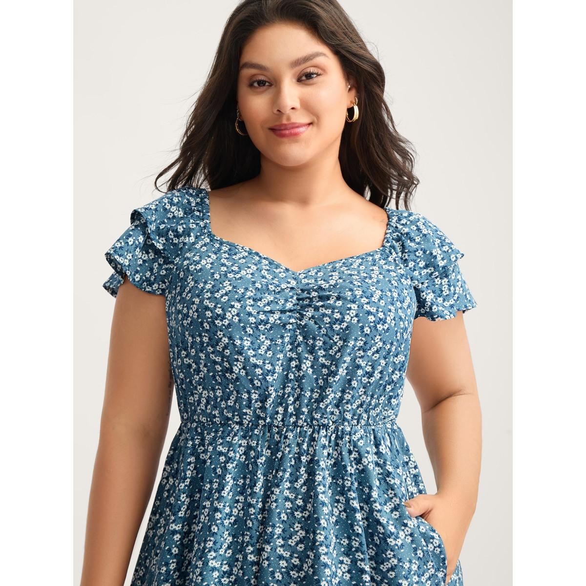 Plus Size Ditsy Floral Print Layered Ruffled Sleeve Dress Aegean Women Heart neckline Cap Sleeve Curvy BloomChic 12/L Product Image