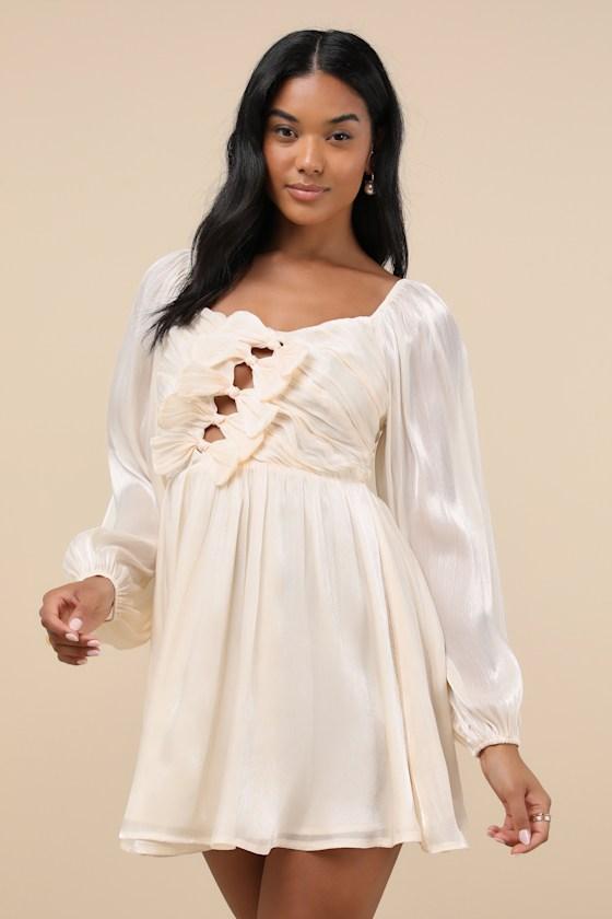 Playful Delight Champagne Bow-Front Long Sleeve Mini Dress Product Image