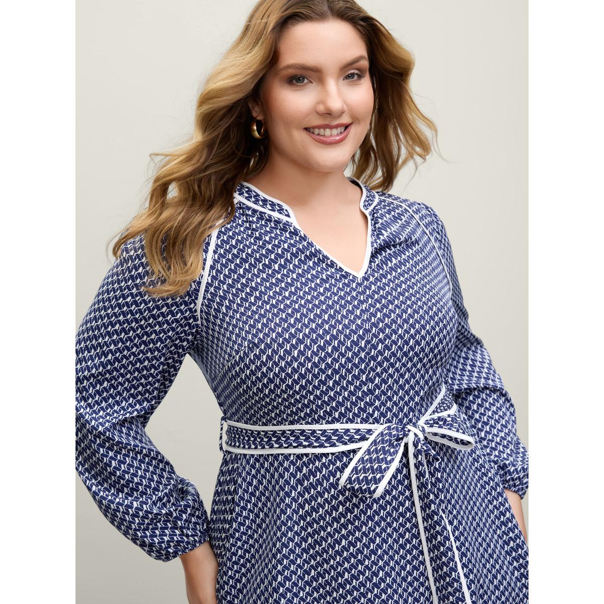 Plus Size Micro Geometric Print Waist-Tie Maxi Dress Navy Women Office Notched collar Long Sleeve Curvy BloomChic 30/6X Product Image