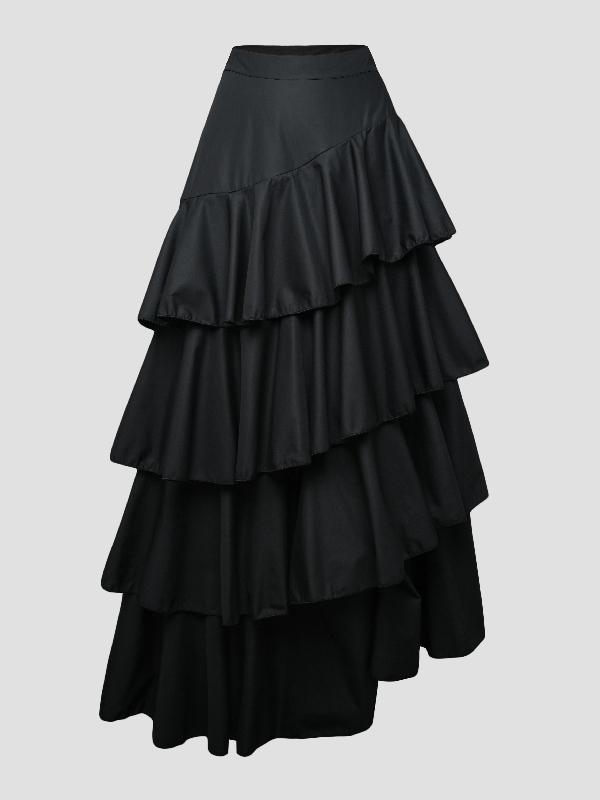 A-Line High Waisted Falbala Solid Color Long Skirts Skirts Bottoms Product Image