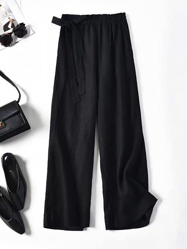 Simple Ramie Cotton Solid Color Loose Ninth Wide-Leg Pants Product Image