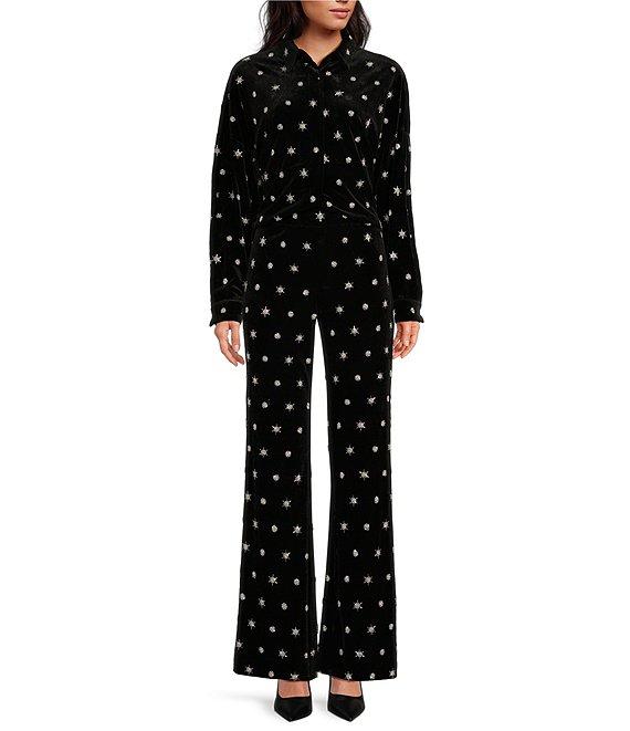Chelsea & Violet Allegra Velvet Beaded Stars Point Collar Button Front Long Sleeve Cropped Blouse Product Image