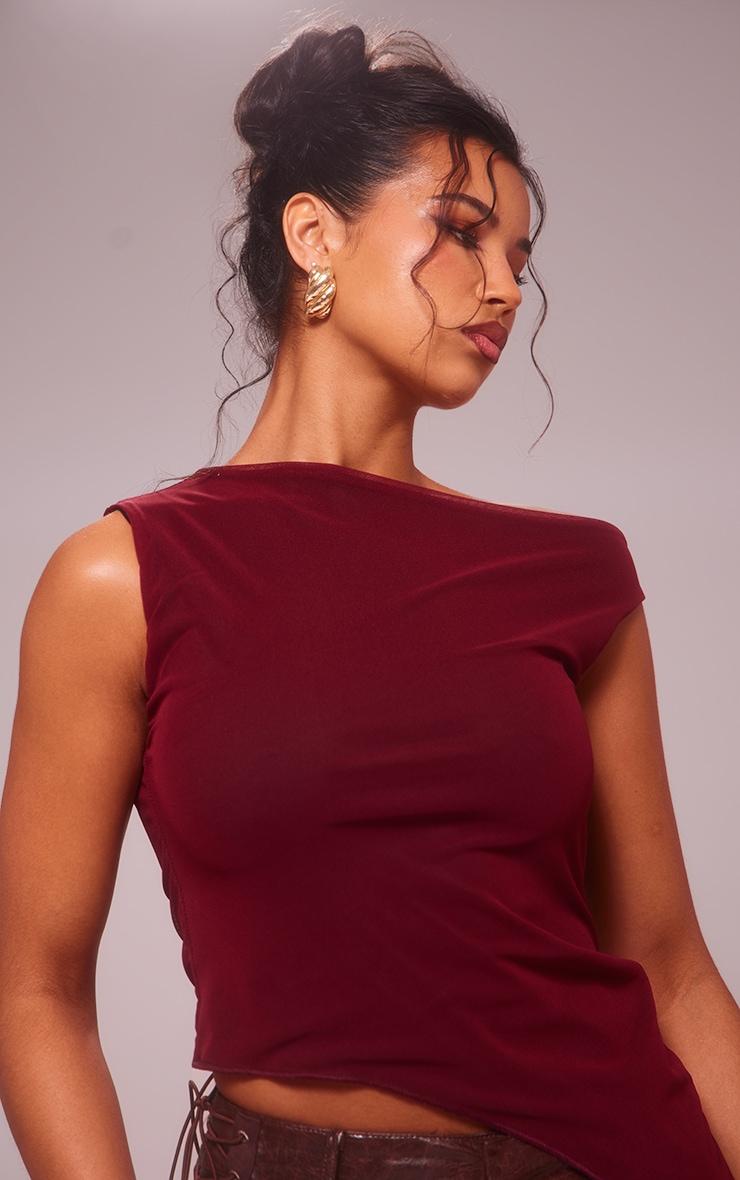 Cherry Red Asymmetric Neck Mesh Top Product Image
