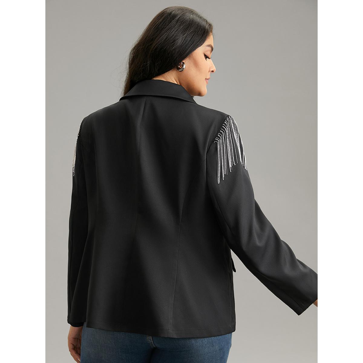 Plus Size Solid Suit Collar Tassel Trim Blazer Black Women Dailywear Plain Tassels Sleeve Long Sleeve Suit Collar 12/L Elegant Blazers BloomChic Product Image