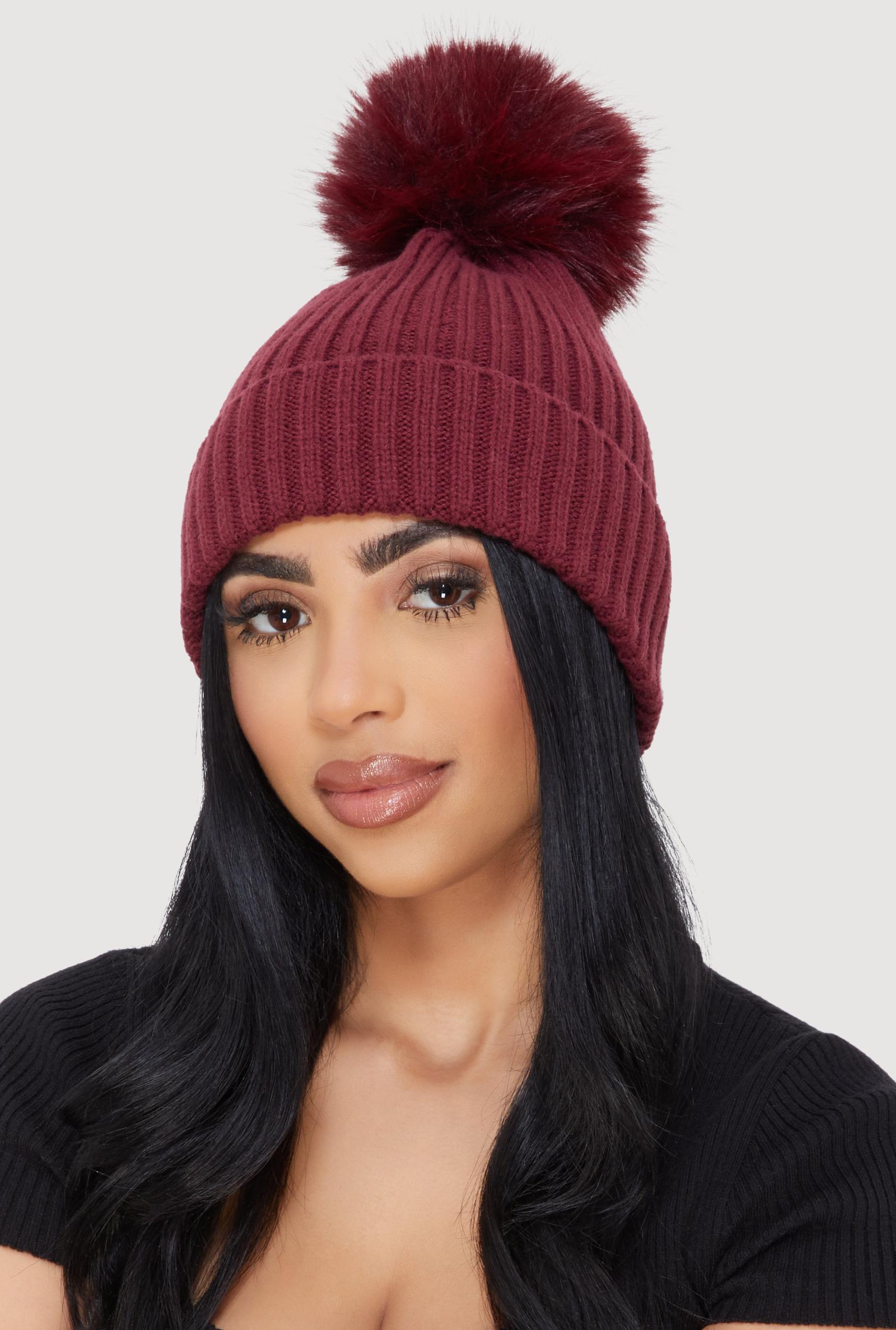 Trendy Faux Fur Pom Pom Detail Ribbed Knit Beanie Female Product Image