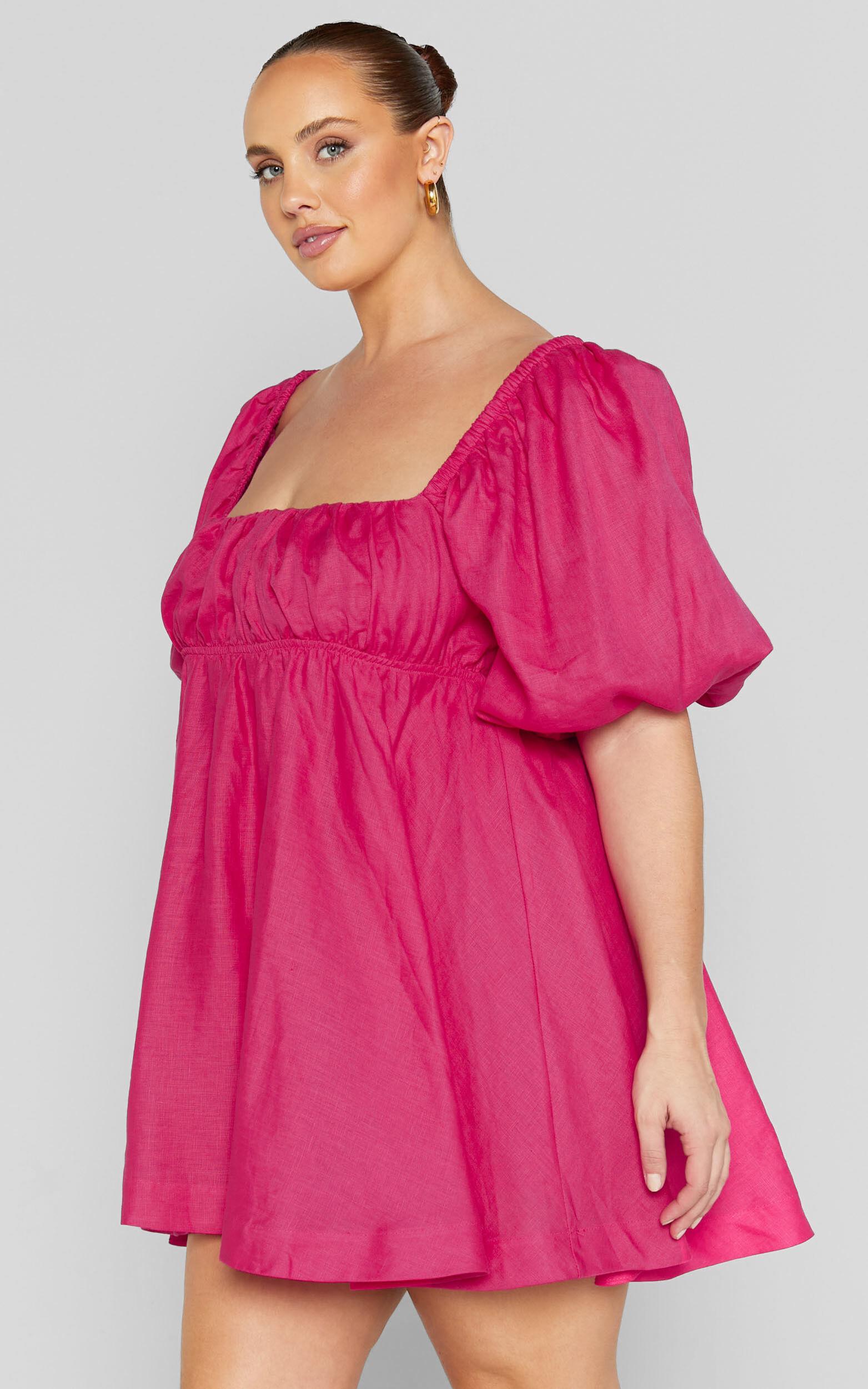Amalie The Label - Hamyya Linen Tie Back Puff Sleeve Mini Linen Dress in Magenta Product Image