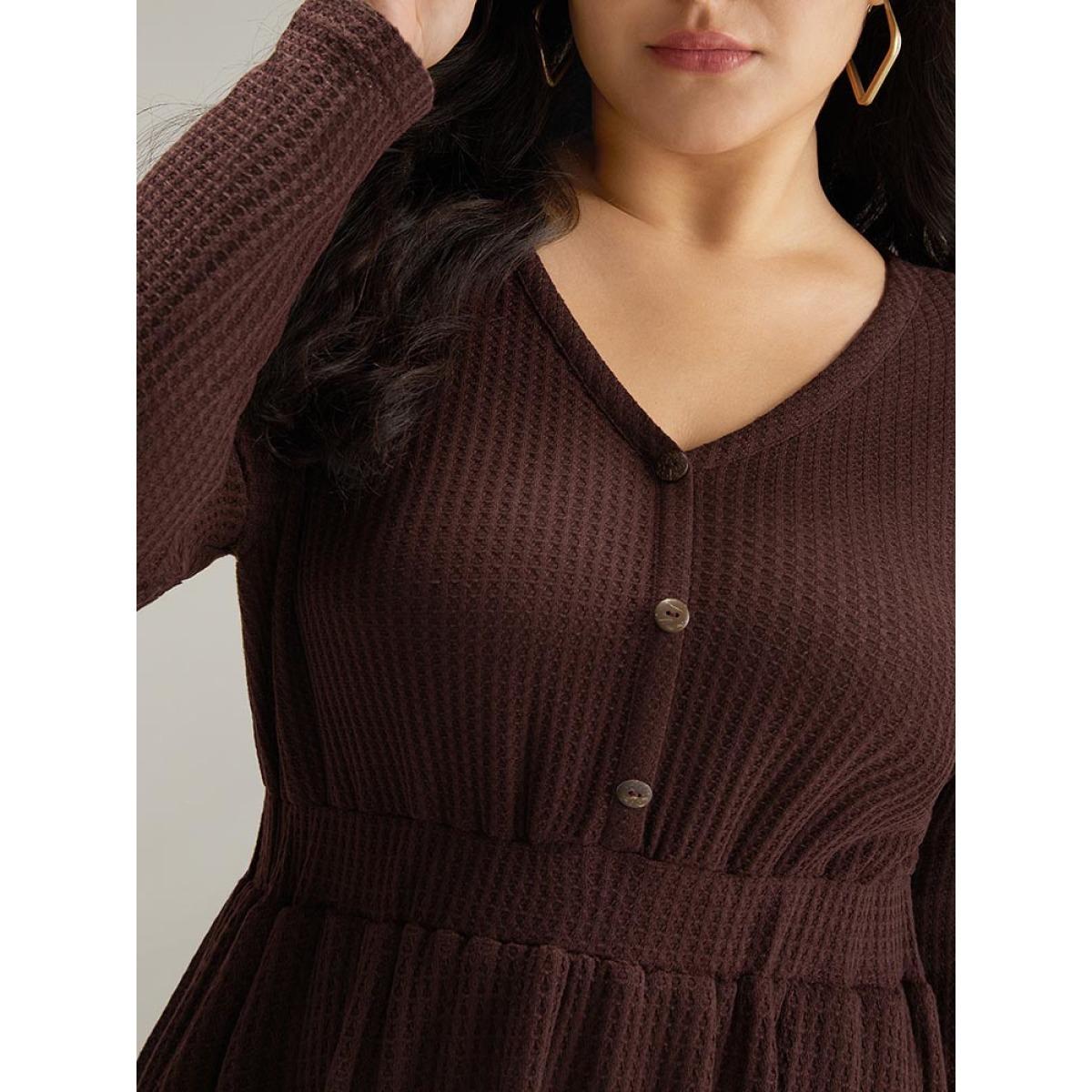 Plus Size Waffle Knit Button Up Elastic Waist Dress DarkBrown Women Casual Plain V-neck Long Sleeve Curvy Knee Dress BloomChic 22-24/3X Product Image
