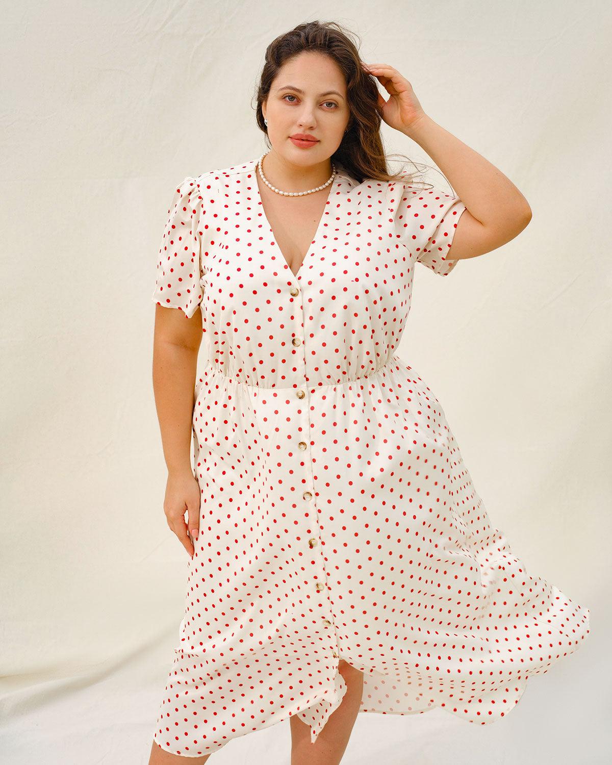 Beige Polka Dot Plus Size Midi Dress Product Image