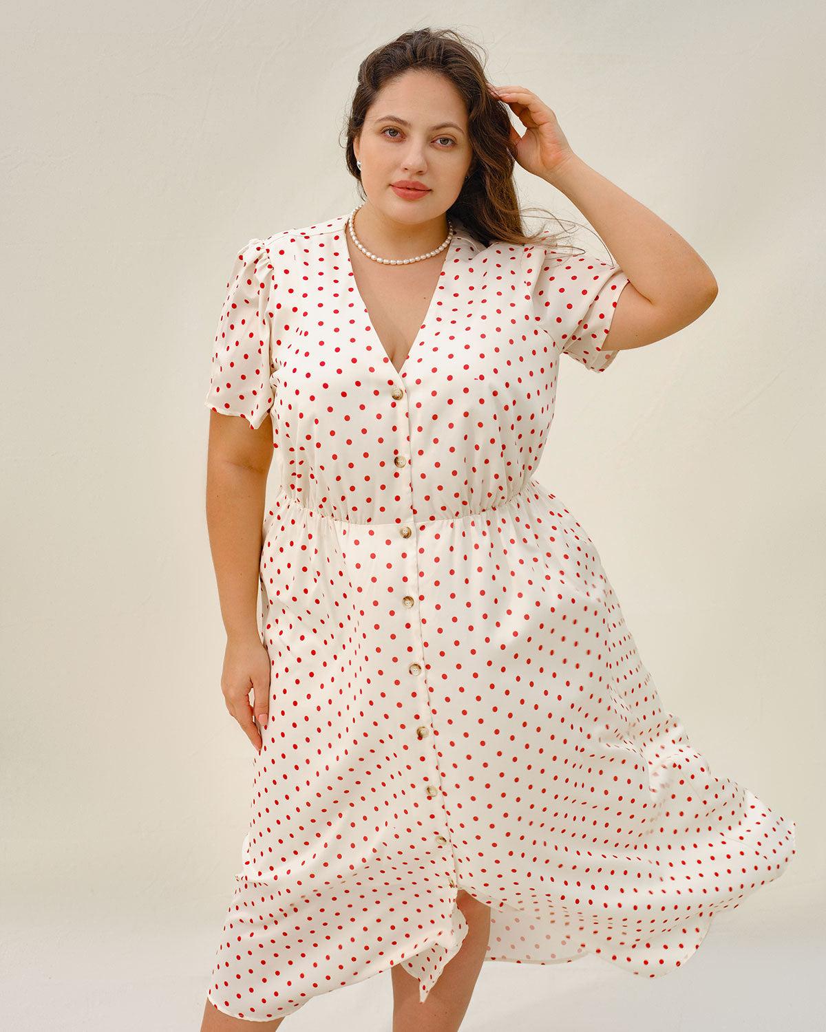Beige Polka Dot Plus Size Midi Dress Product Image