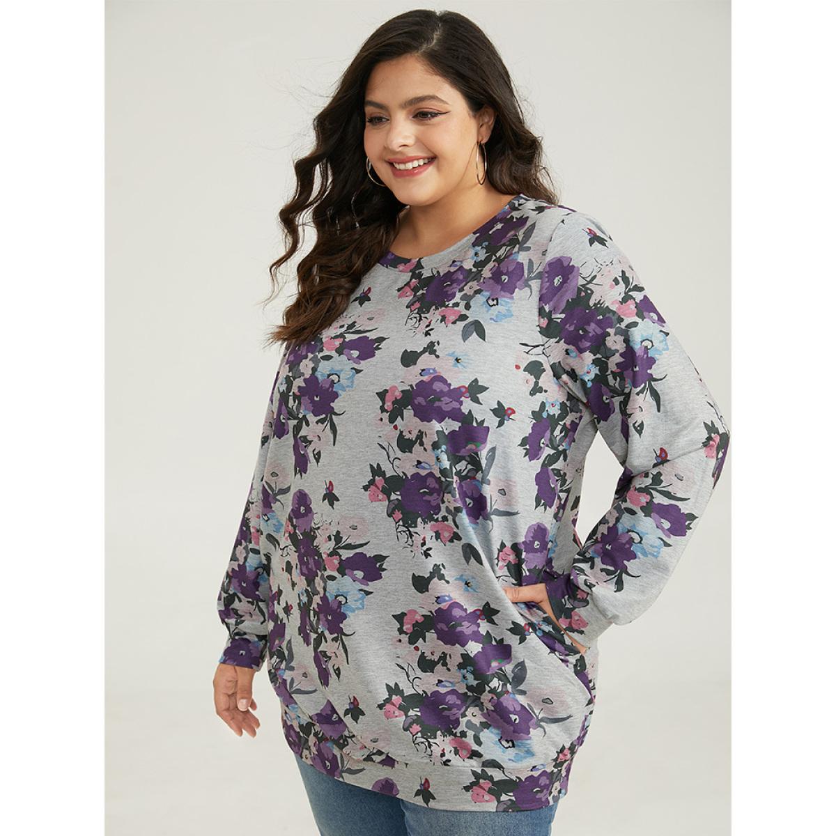 Plus Size Floral Print Pocket Sweatshirt Women DimGray Casual Printed Round Neck Dailywear Sweatshirts BloomChic 10/M Product Image