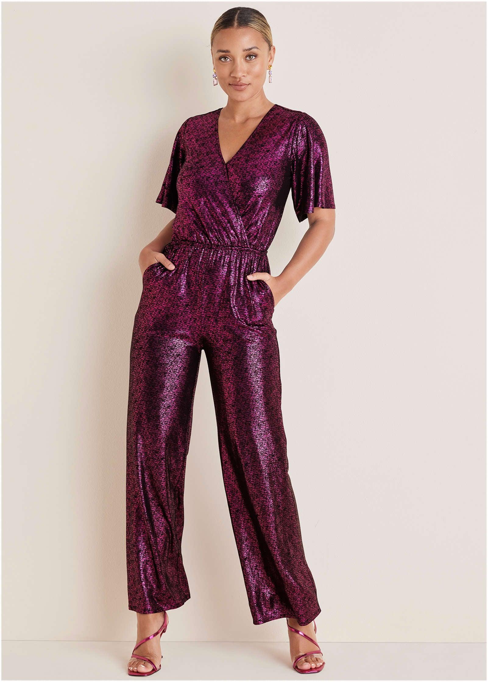 Metallic Flutter Sleeve Jumpsuit - Vivacious Product Image