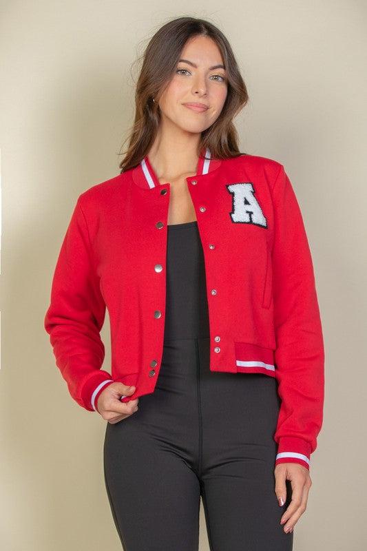 EZwear Letter Patched Crop Varsity Jacket Product Image