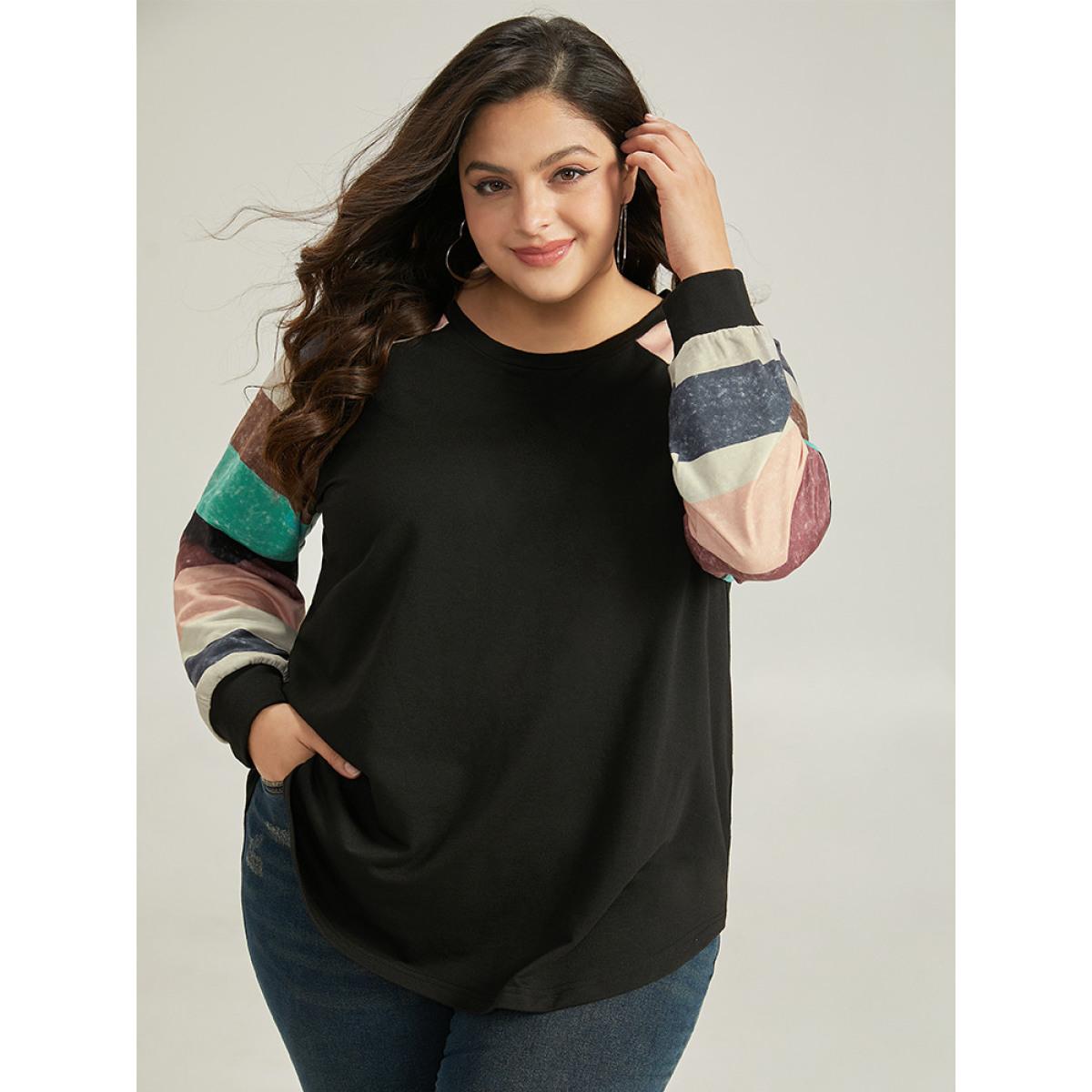 Plus Size Striped Patchwork Contrast Raglan Sleeve Sweatshirt Women Black Casual Contrast Round Neck Dailywear Sweatshirts BloomChic 26/4X Product Image