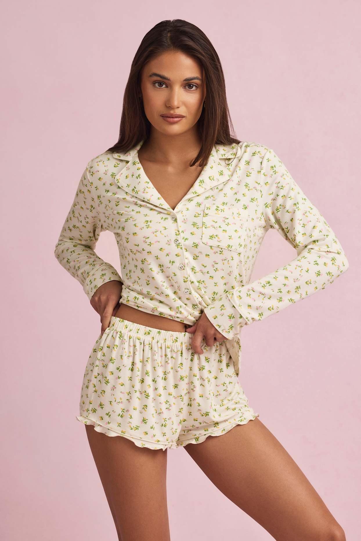 Modal Ruffle-Trim Pyjama Shorts in Lemon Print Product Image