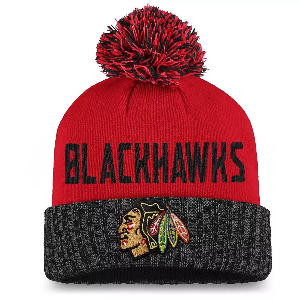 Women's Fanatics Branded Red/Black Chicago Blackhawks Iconic Cuffed Knit Hat with Pom Product Image