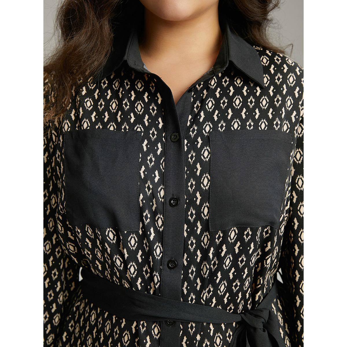 Plus Size Geometric Patched Pocket Arc Hem Dress Black Women Office Belted Shirt collar Long Sleeve Curvy Midi Dress BloomChic 10/M Product Image